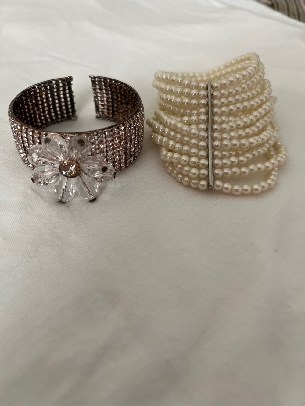 Pearl Multi-Row Stretch Bracelet and Crystal Flower Cuff Set - Cream and Silver